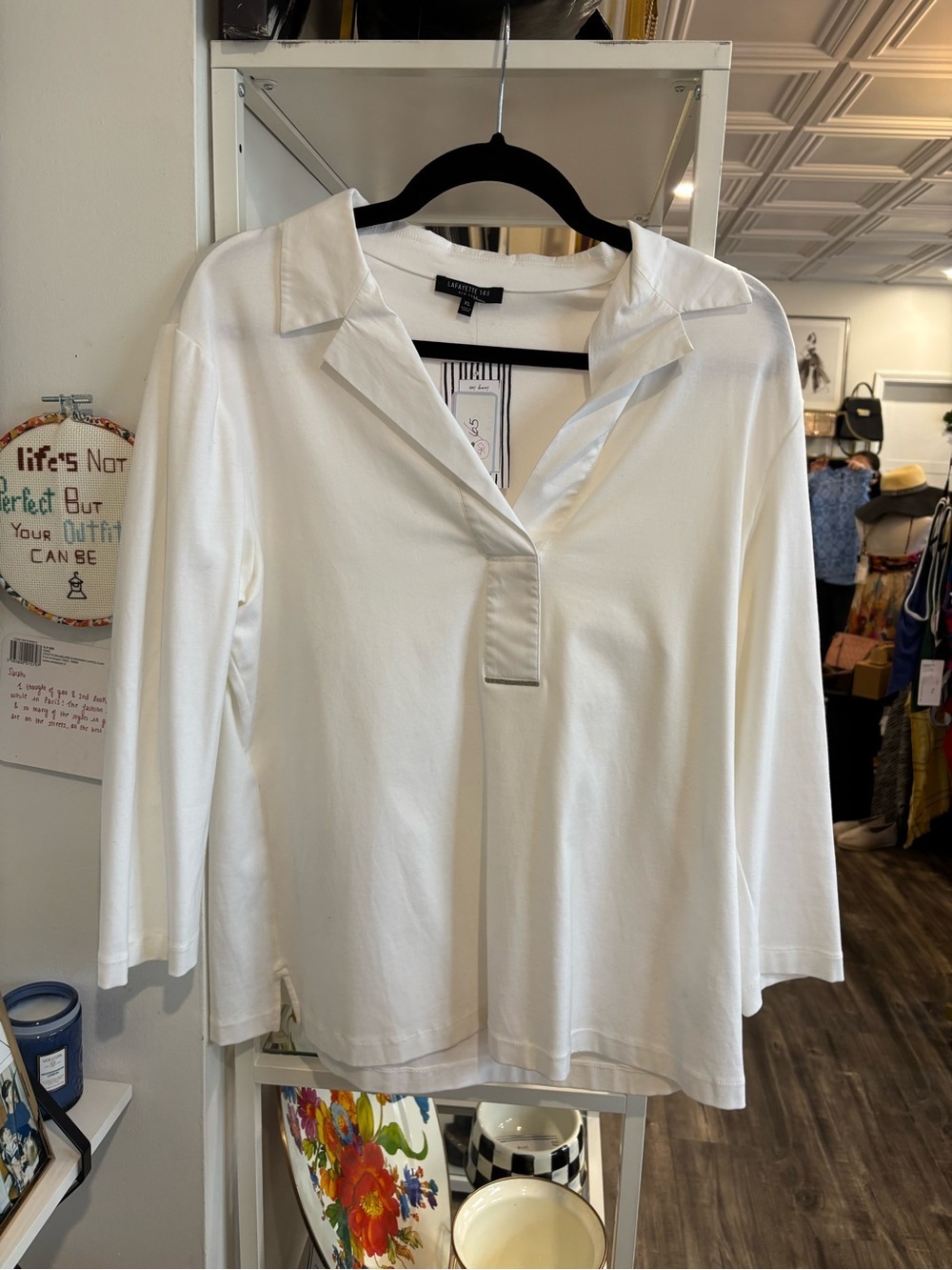 Lafayette 148 New York White V-Placket Collared Pullover